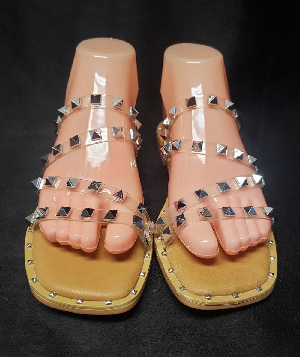 Nicole Miller New York Clear / Silver Pyramid Studded Slide on Flat Sandal